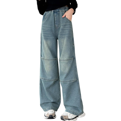 Rolanko Girls' Jeans Trousers with Hole, Denim Blue Jeans, Vintage Trousers With Wide Leg for Children