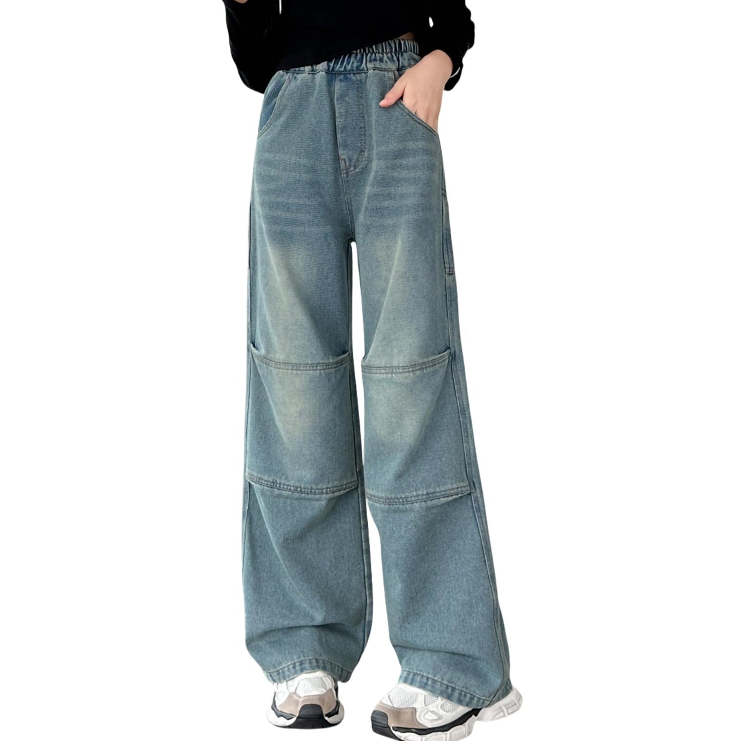 Rolanko Girls' Jeans Trousers with Hole, Denim Blue Jeans, Vintage Trousers With Wide Leg for Children