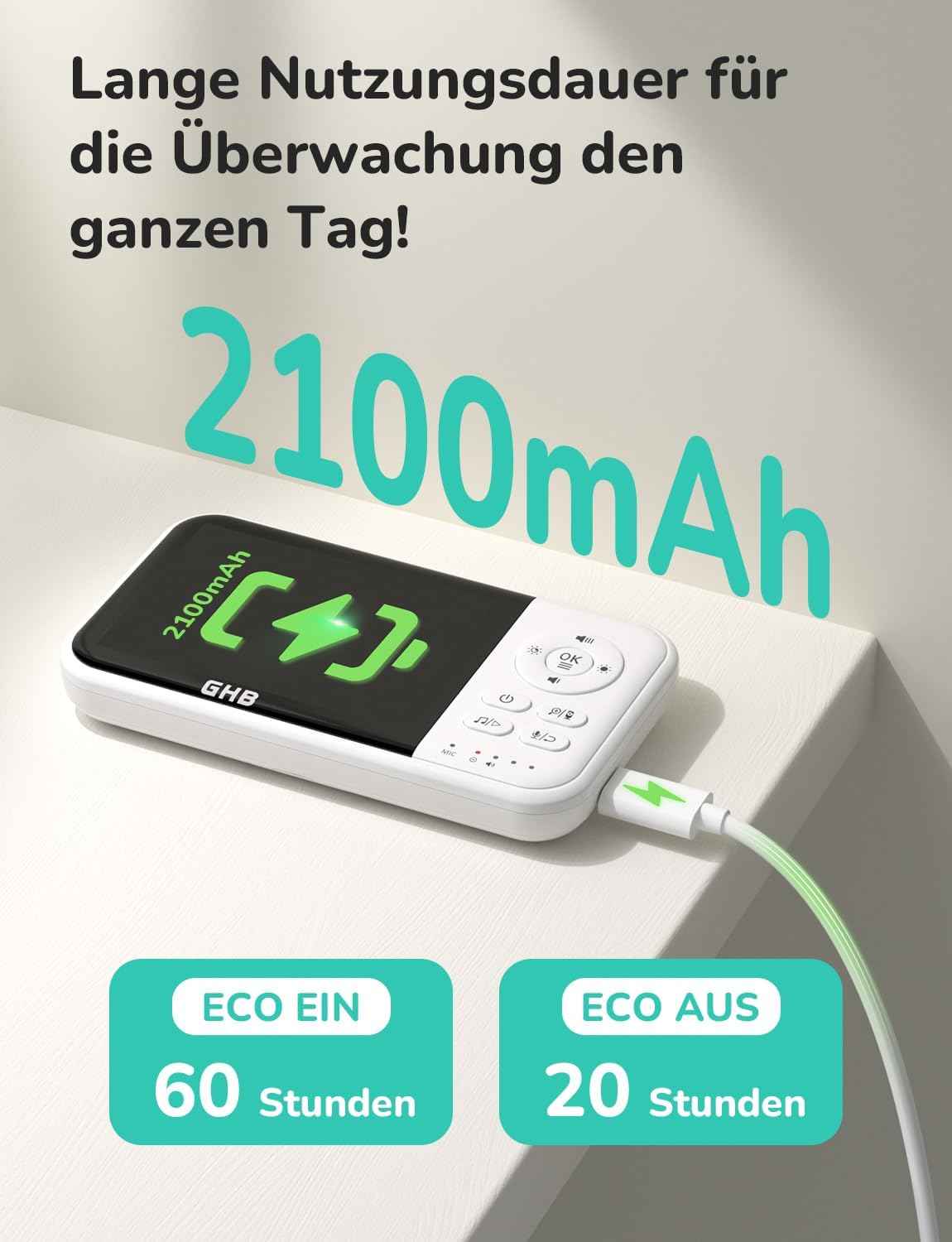 GHB Babyphone mit Kamera Baby Monitor 3,2 Zoll Weiß | 2100 mAh Akku, Max. 60 Std Akku im VOX Modus, Infrarot-Nachtsicht ohne Störlicht, Gegensprechfunktion, Temperatursensor