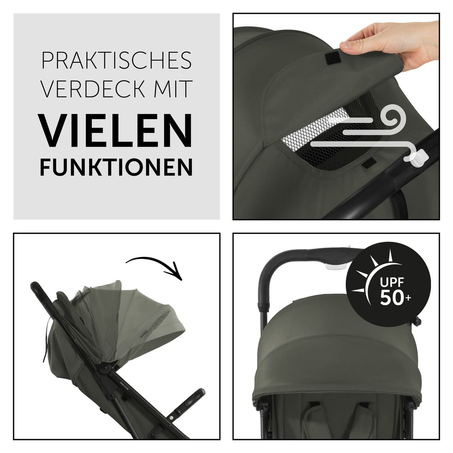 Hauck Travel N Care Dark Olive Stroller – Lightweight travel buggy for children from birth to 22 kg with reclining function, compact and UPF 50+