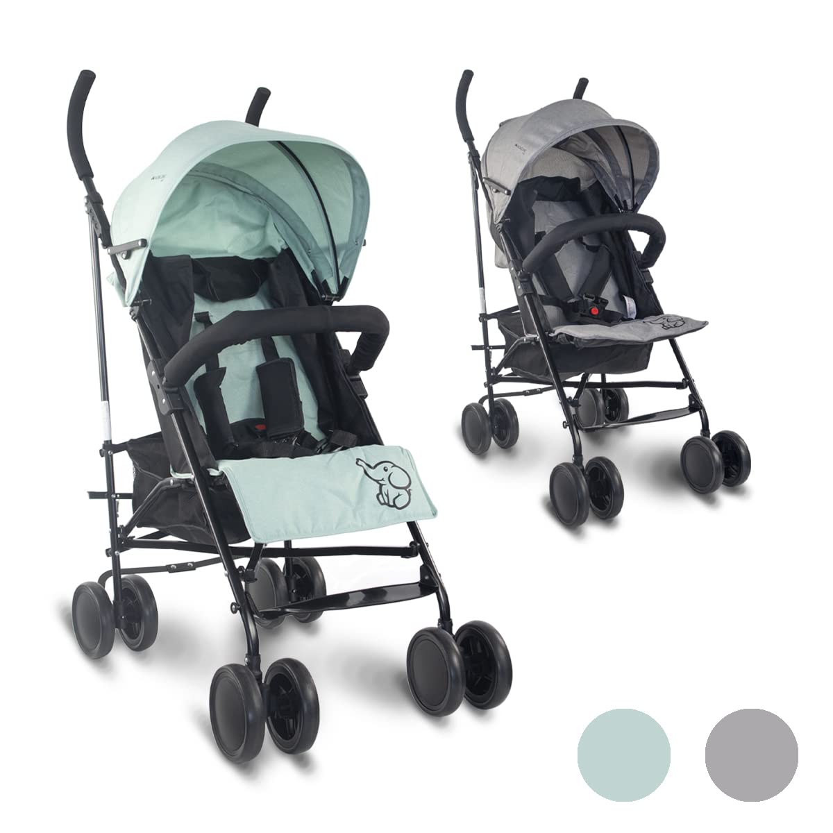 Mobiclinic®, Kinderwagen, Buggy, Elefant, Verstellbare rückenlehne, Doppeltes sicherheitssystem, Abnehmbare räder, Verstellbarer 5-punkt-gurt, Leichter, Grau und schwarz