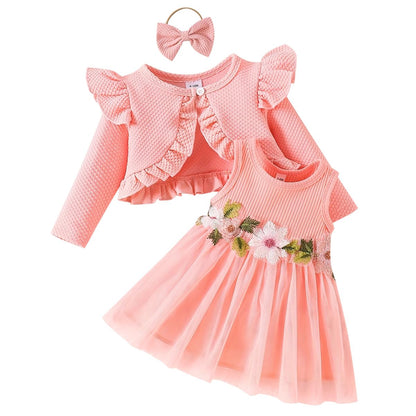 Baby Mädchen Kleid Strickjacke Sets 3 Stück Neugeborene Kleidung Jäckchen + Kleid + Stirnband Frühling Sommer Herbst Winter Langarm Jacke Ärmelloses Kleid für Hochzeit Weihnachten