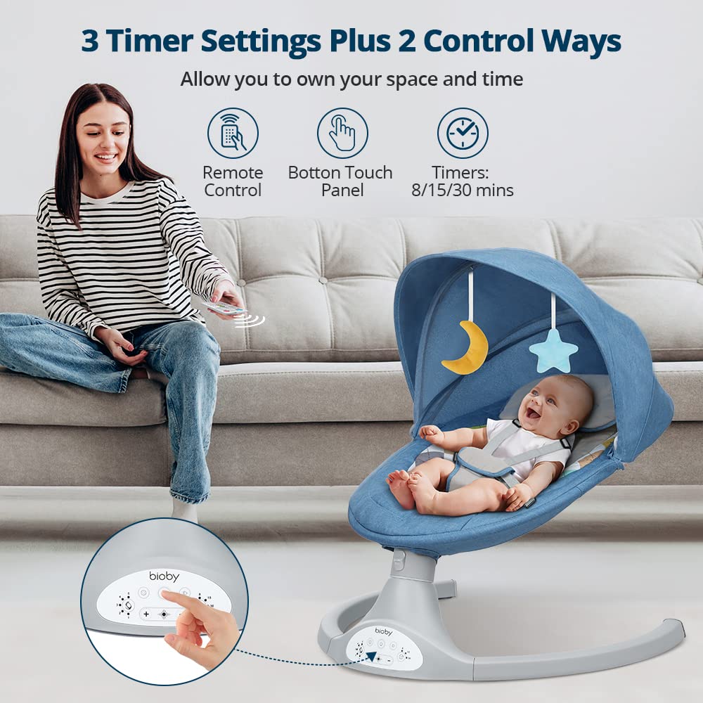 Bioby Elektrische Babywippe | Babyschaukel mit 5-Punkt-Gurt & 5 Schaukelmodi, Leicht & Sicher Wippe Baby Elektronisch mit Bluetooth-Musik & Fernbedienung, für 0-12 Monate (2-9 kg), Grau