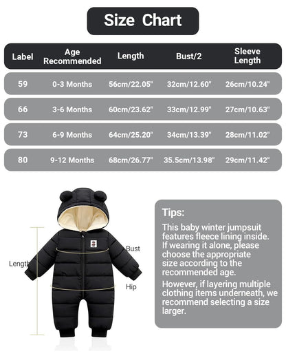 Minizone Baby Winter Jumpsuit with Hood, Romper Snowsuit Boys and Girls, Long-Sleeve Jumpsuit, Warm Outfits, Gift, 6-9 Months, 80 cm, Black