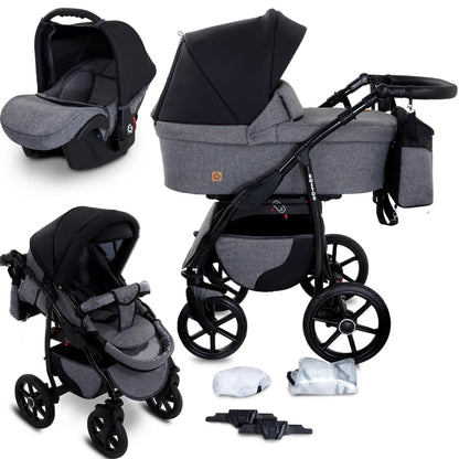 GaGaDumi Boston Kinderwagen 3 in 1 Komplettset mit Autositz - Kombikinderwagen mit großen Rädern - TÜV-zertifiziert - Baby Stroller Set - für Neugeborene und Kleinkinder Schwarz