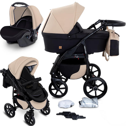 GaGaDumi Boston Kinderwagen 3 in 1 Komplettset mit Autositz - Kombikinderwagen mit großen Rädern - TÜV-zertifiziert - Baby Stroller Set - für Neugeborene und Kleinkinder Schwarz