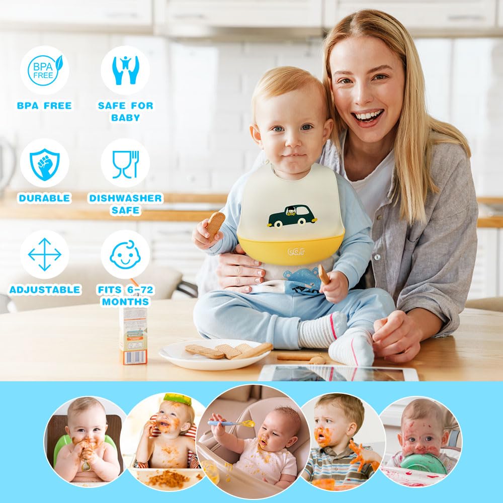 Vicloon Silikon Baby Lätzchen, 2 Stück Baby Lätzchen mit Auffangschale, BPA Frei, Einfache Reinigung, Wasserdicht Silikon-lätzchen für Jungen Mädchen, Kaninchen-Einhorn（Rosa）