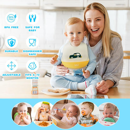 Vicloon Silikon Baby Lätzchen, 2 Stück Baby Lätzchen mit Auffangschale, BPA Frei, Einfache Reinigung, Wasserdicht Silikon-lätzchen für Jungen Mädchen, Kaninchen-Einhorn（Rosa）