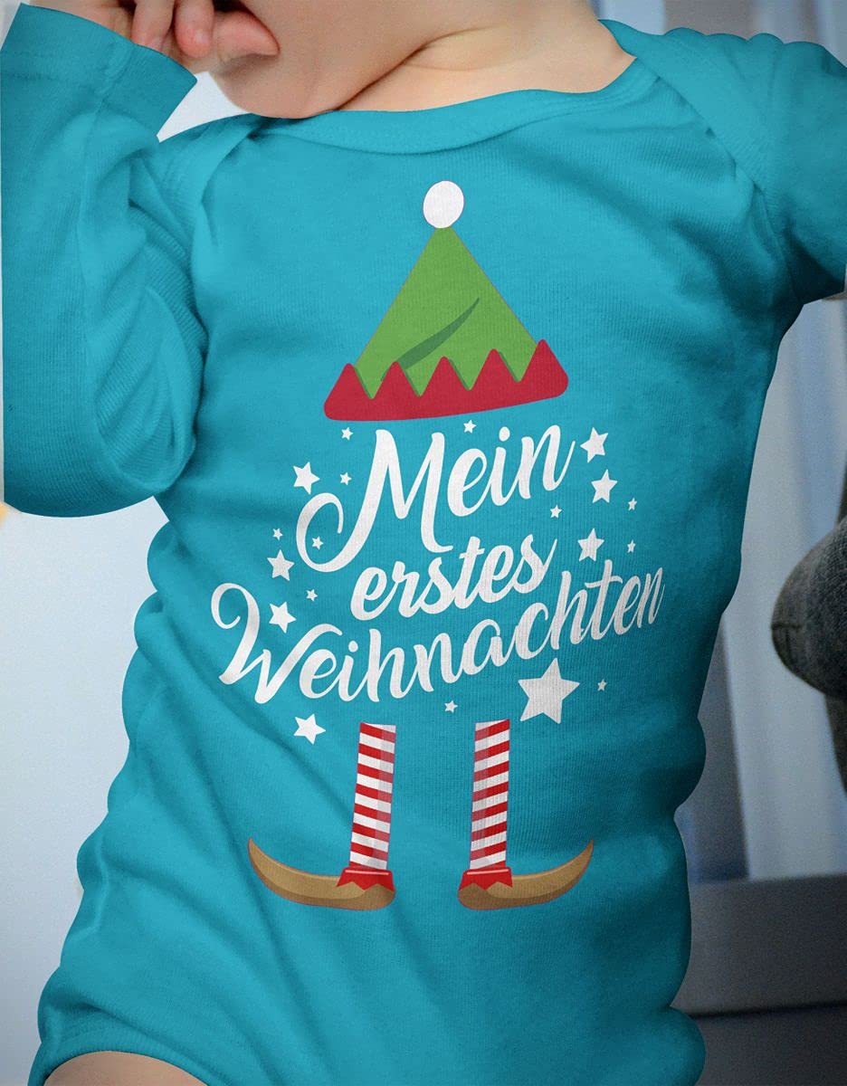 Mikalino Baby Bodysuit with Saying in German for Boys, Girls, Unisex, Long Sleeve, Mein erstes Weihnachten Saying (Christmas Elf), Hand Printed in Germany, Handmade with Love