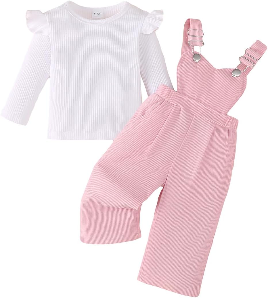 Baby Mädchen Sommer Outfits Rüschen Kurzarm Ripptop+ Blumen/Herzmuster Overalls Shorts Mit Tasche Süßes 2-Teiliges Kleidungsset