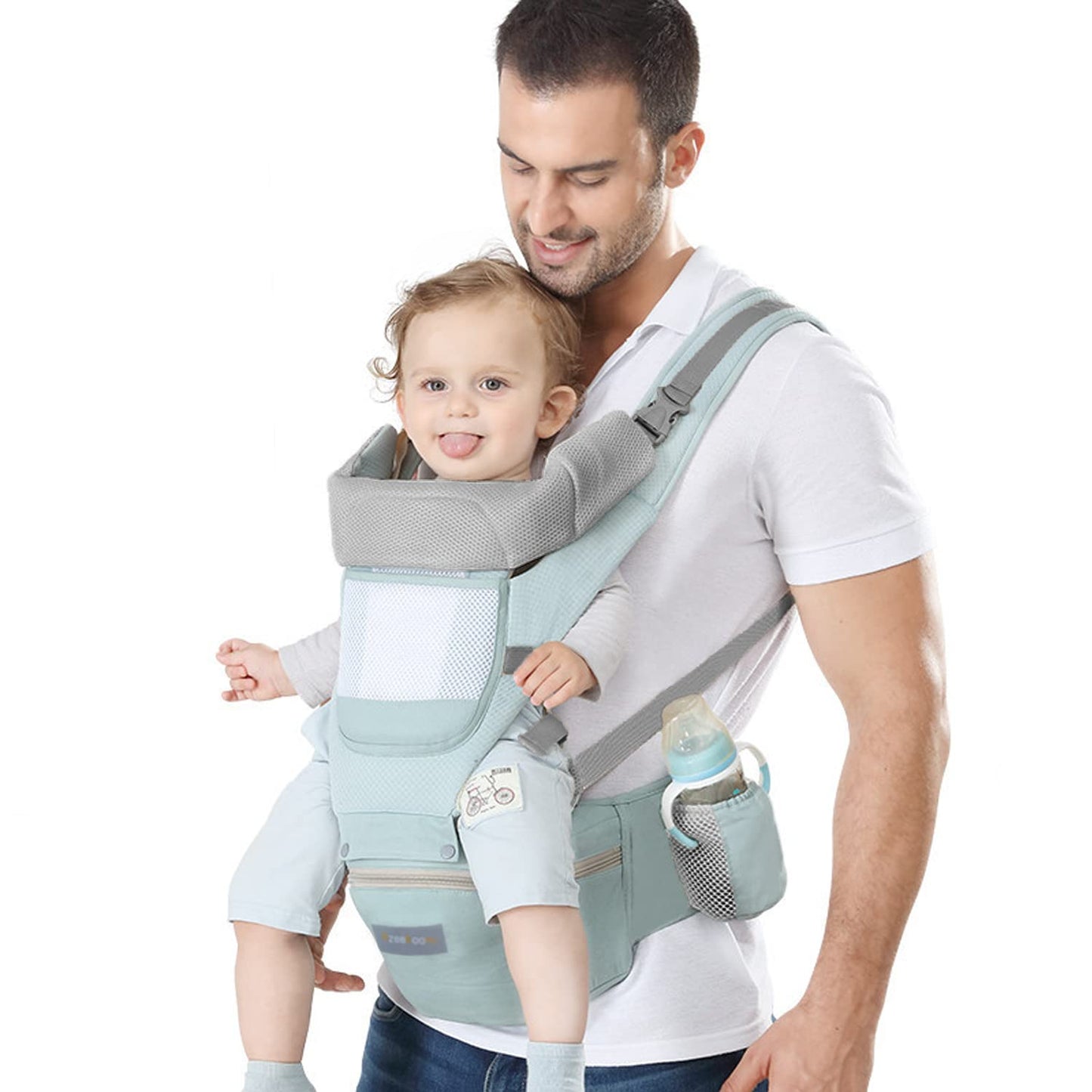 Azeekoom Baby Carrier Ergonomic with Hip Seat, Cotton Child Carrier Dorsal and Ventral, Lightweight Breathable, Adjustable Headrest for Babies and Children from 0 to 48 Months (3.5 to 25 kg) 