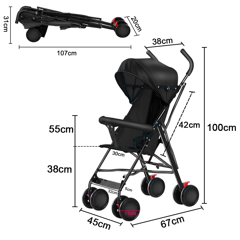 Kinderbuggy, Klein Zusammenklappbar Kinderwagen,Rücken und Fußstützenverstellung,Hinterradbremse,5-Punkt-Gurt,Einfaches Ein-Hand-Falten,Baby Reisebuggy