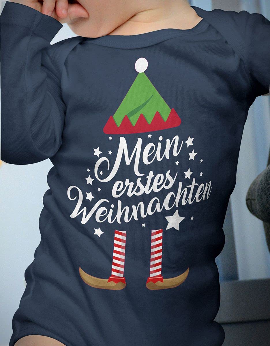 Mikalino Baby Bodysuit with Saying in German for Boys, Girls, Unisex, Long Sleeve, Mein erstes Weihnachten Saying (Christmas Elf), Hand Printed in Germany, Handmade with Love