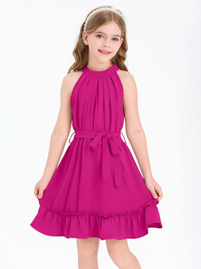 Halomoning Girls Dress Sleeveless Simple Classic Casual Knee Length for Kids Summer Princess Party Wedding Tie Waist A-Line 