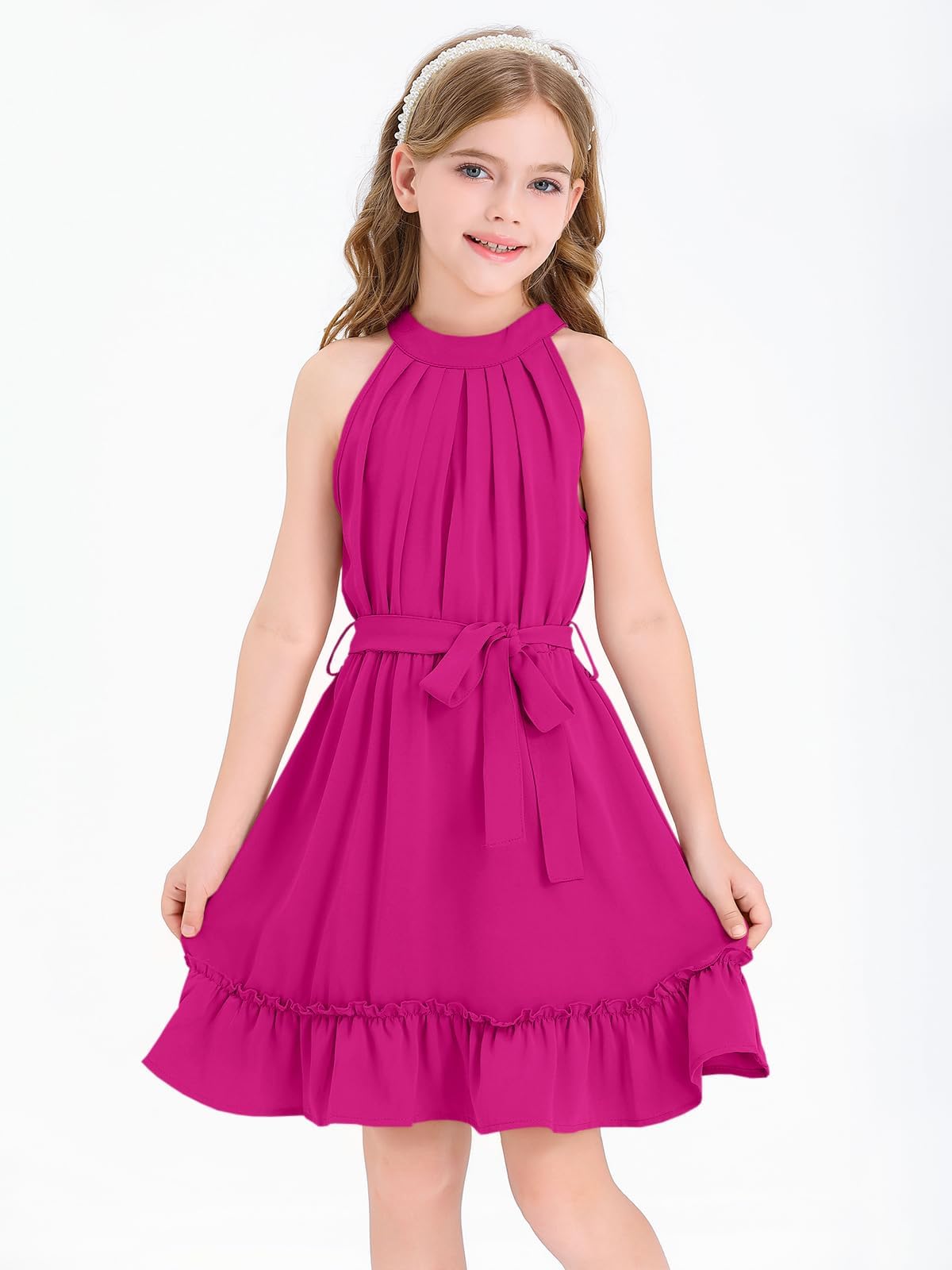 Halomoning Girls Dress Sleeveless Simple Classic Casual Knee Length for Kids Summer Princess Party Wedding Tie Waist A-Line 