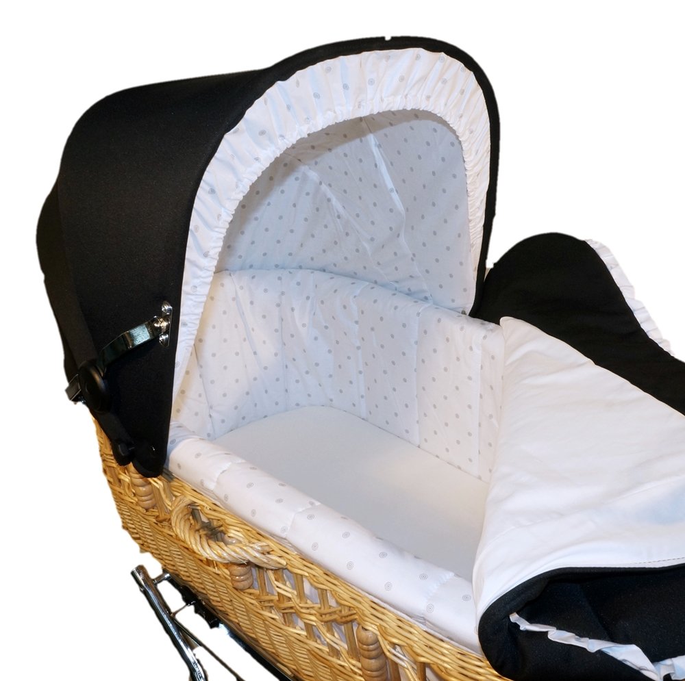 EICHHORN Kinderwagen Weidenkorb - Kinderwagen aus echter Weide, handgeflochten, Korb Natur, Stoff Schwarz