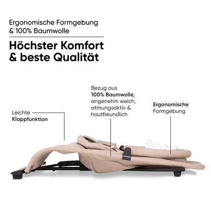 my junior® Motion Bouncer, Ergonomische Babywippe mit Spielbügel, neue Hands-Free-Comfort Technik, 3 Fach-Verstellbar, klappbar, 100% Baumwolle - Kangaroo Beige
