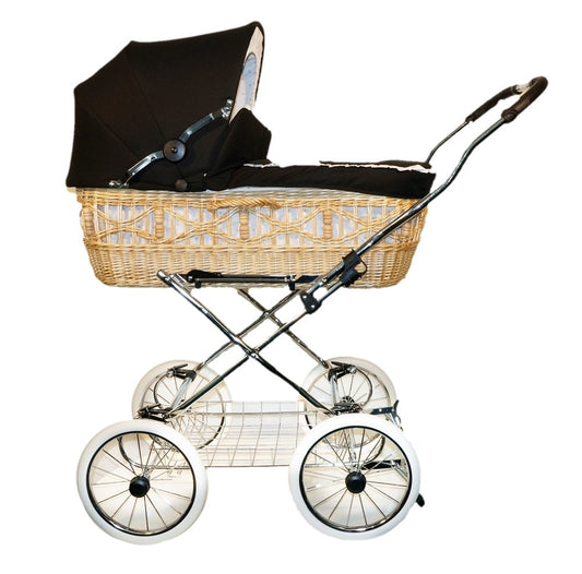 EICHHORN Kinderwagen Weidenkorb - Kinderwagen aus echter Weide, handgeflochten, Korb Natur, Stoff Schwarz