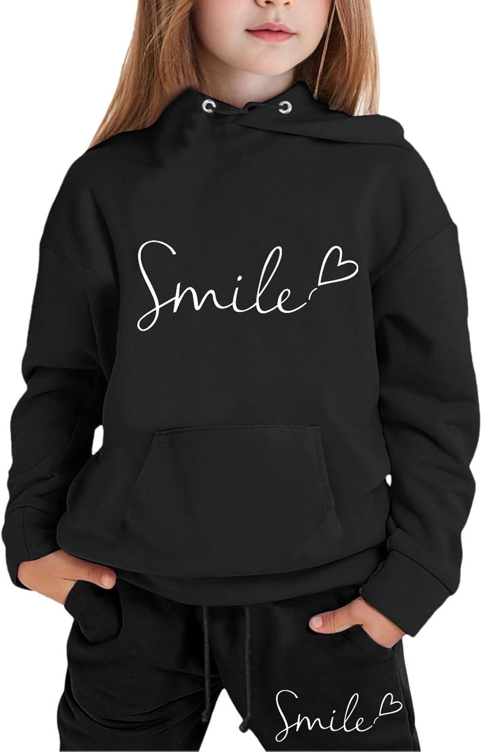 Mädchen 2-teiliges Outfit Herbst Hoodie Lächeln Sweatsuit Sets Kinder 2025 mit Kapuze Ausgehen Sweatanzüge Sweatshirt mit Taschen Grafik Langarm Brief Kordelzug Sweatsuits Sets