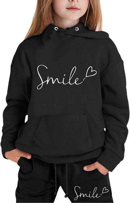 Mädchen 2-teiliges Outfit Herbst Hoodie Lächeln Sweatsuit Sets Kinder 2025 mit Kapuze Ausgehen Sweatanzüge Sweatshirt mit Taschen Grafik Langarm Brief Kordelzug Sweatsuits Sets