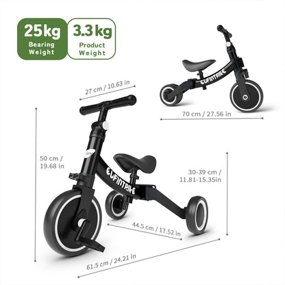 besrey 5 in 1 Laufräder Laufrad Kinderdreirad Dreirad Lauffahrrad Lauflernhilfe für Kinder ab 1 Jahre bis 4 Jahren (Schwarz) - Meloni2