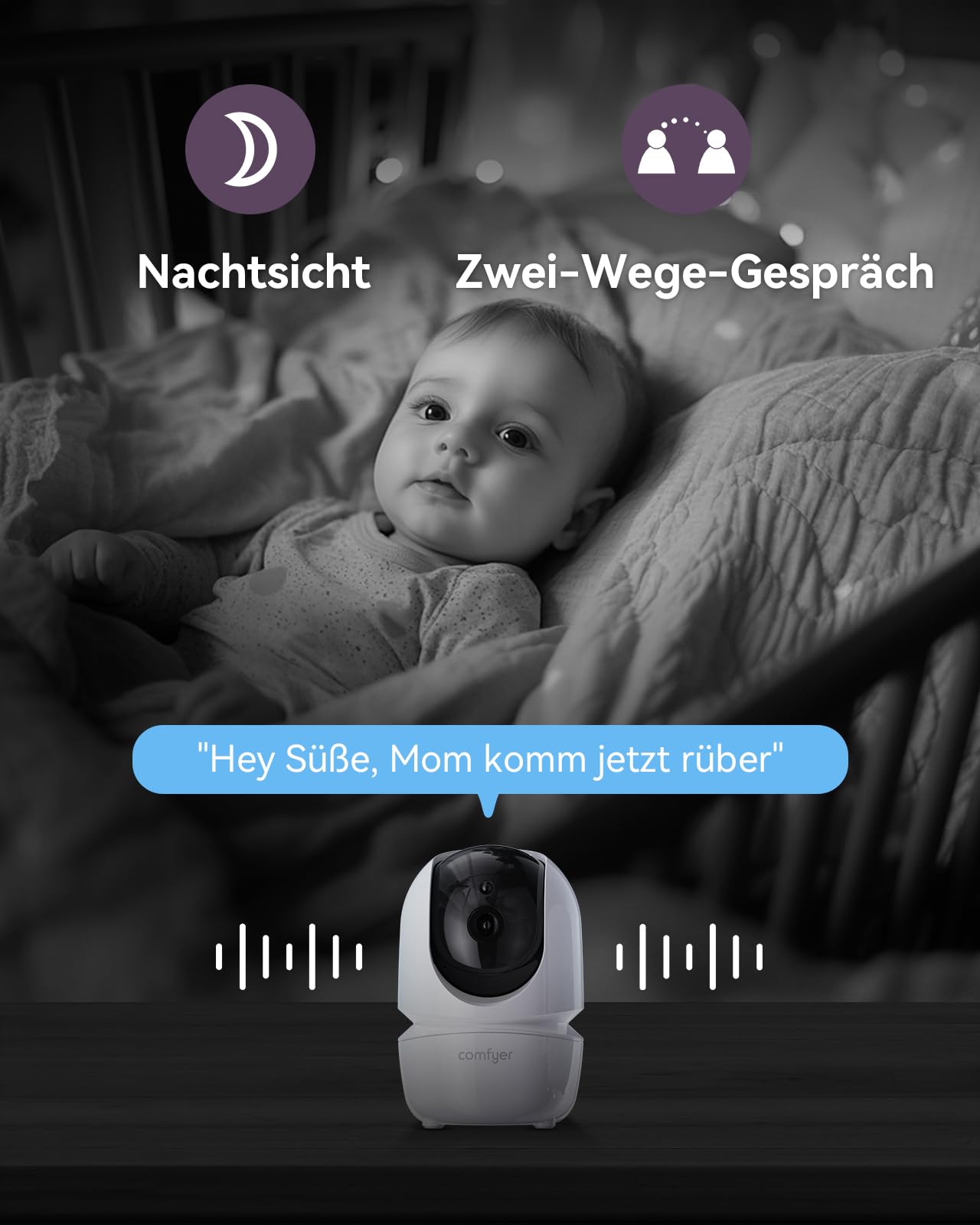 Comfyer BM01 Split-Screen Babyphone mit 2 Kameras, 7" HD 720P ohne WLAN mit Halterung, IR-Nachtsicht VOX-Modus mit Sound-Alarm 2-Wege-Audio 6000mAh 300M Reichweite Videoüberwachungsgerät