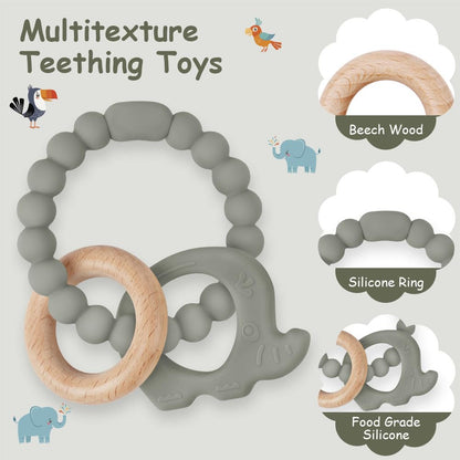 Vicloon Beißring für Babys, Beißring Spielzeug aus Silikon und Holzringe, Baby Zahnungshilfe BPA-frei, Schmerzlindernde Zahnen Nursing Zubehör für ab 3 Monaten Babys(Wal Blau)