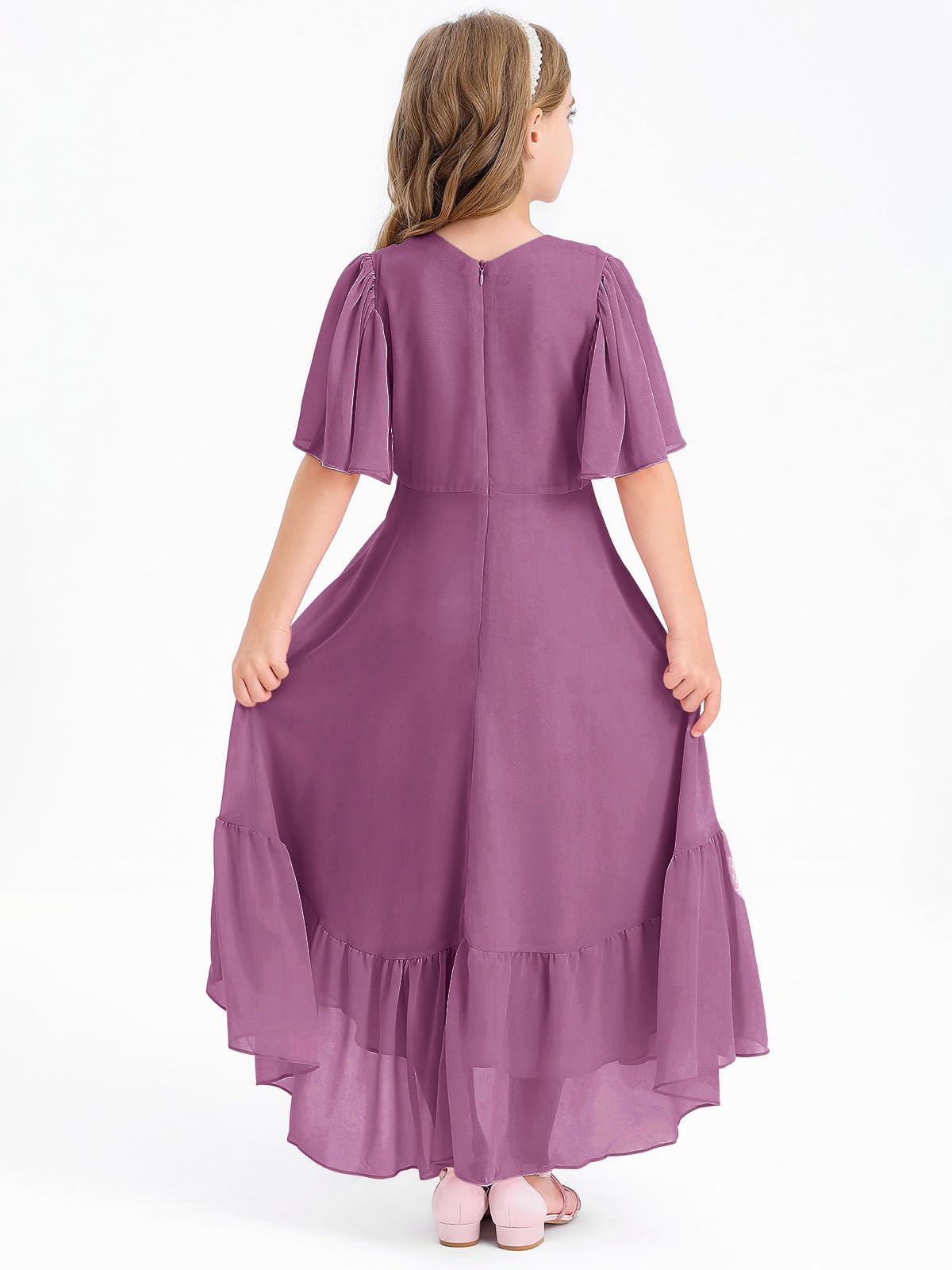 Haloumoning Mädchen Sommerkleid V-Ausschnitt Rüschenkleider Casual A Line Kleid Flowy Hoch Niedrig Lang Partykleid Elegant Langes Abendkleid