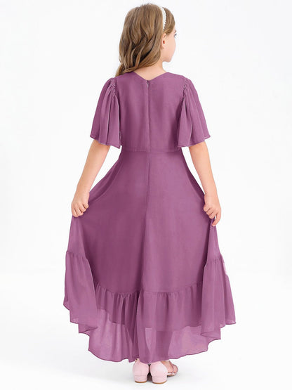 Haloumoning Mädchen Sommerkleid V-Ausschnitt Rüschenkleider Casual A Line Kleid Flowy Hoch Niedrig Lang Partykleid Elegant Langes Abendkleid