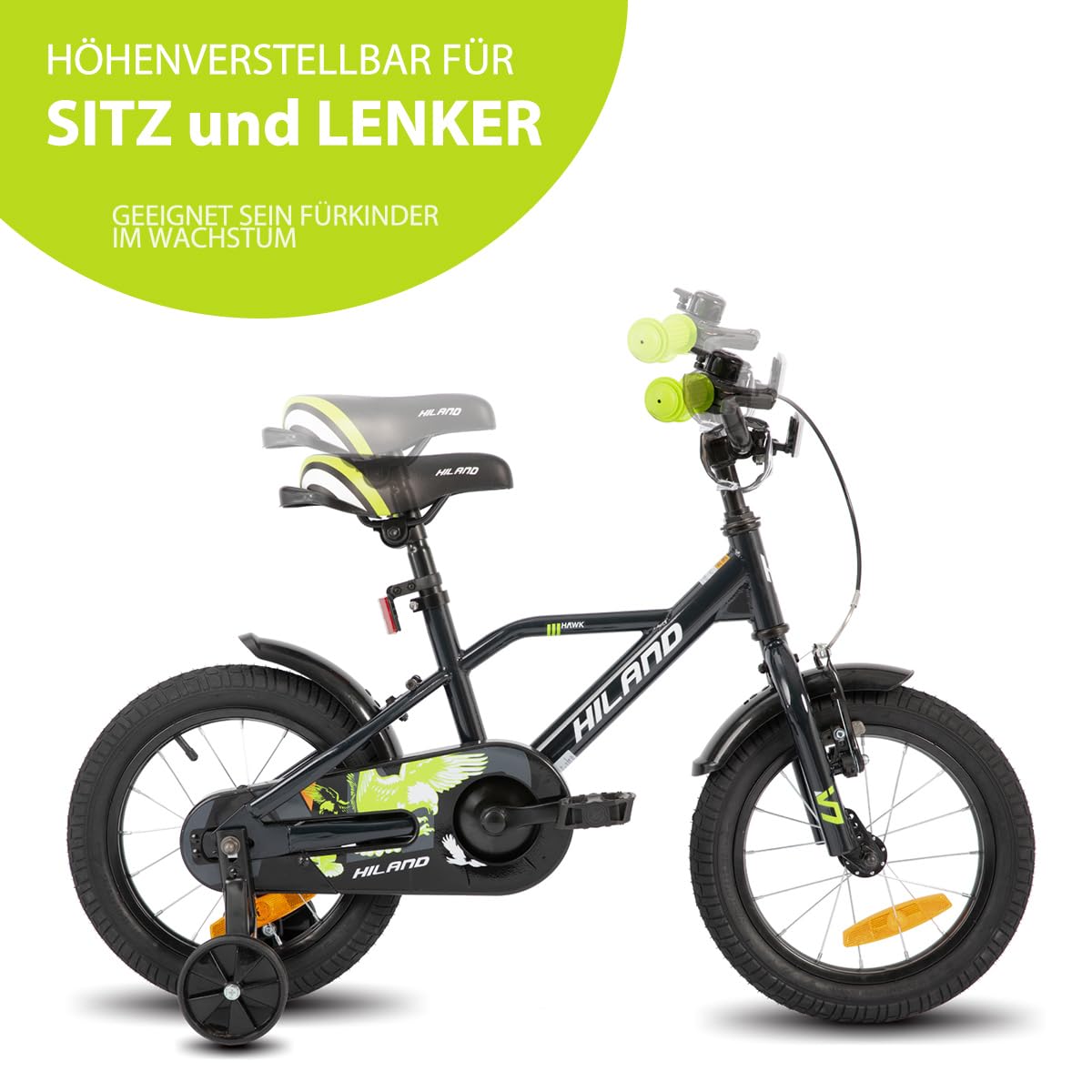 Hiland 12/14/16/20 Zoll Kinderfahrrad, Jungen Fahrrad für 3-10 Jahre, mit Stützrädern, Kinderfahrrad mit Handbremse und Rücktrittbremse, Schwarz/Grün/Blau/Orange
