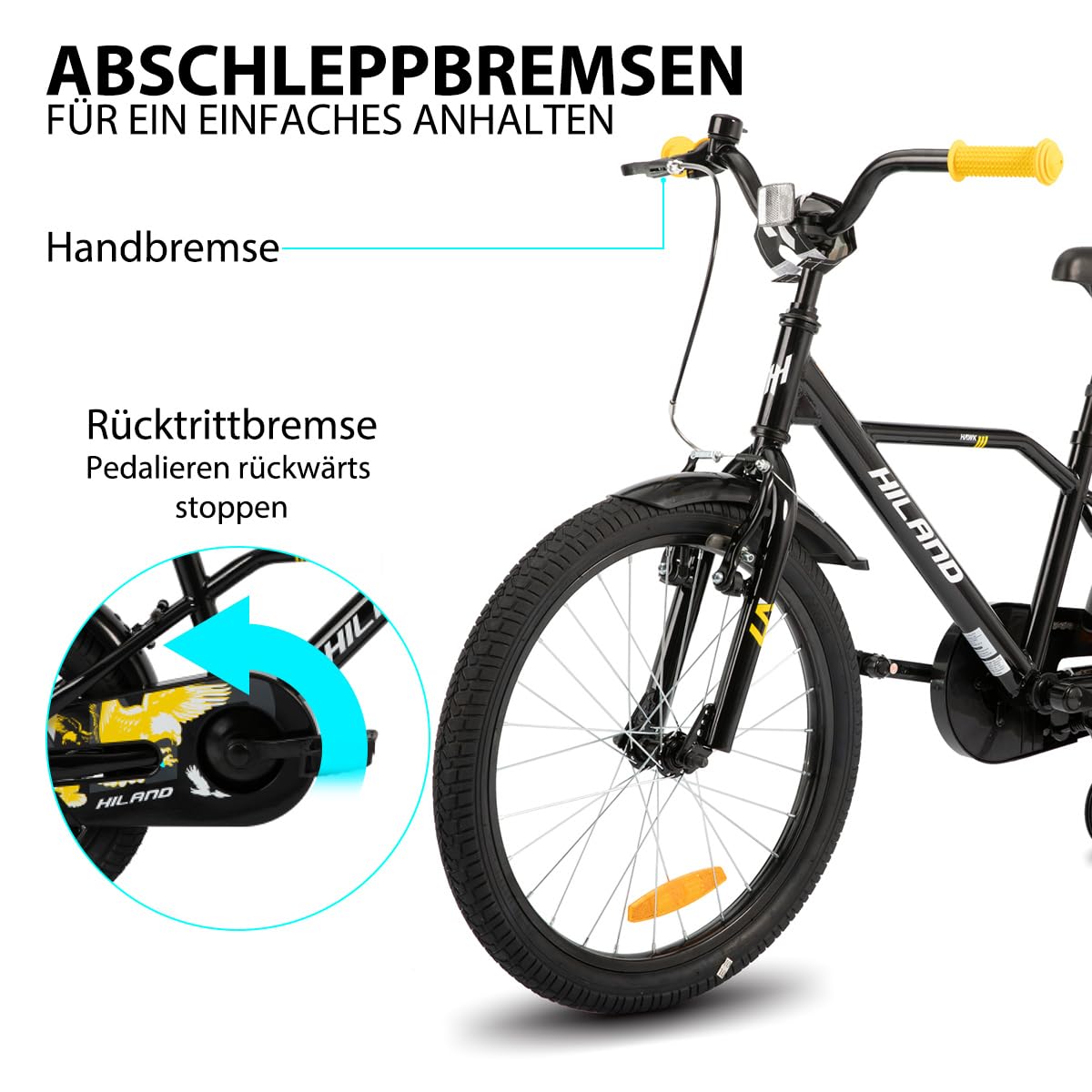 Hiland 12/14/16/20 Zoll Kinderfahrrad, Jungen Fahrrad für 3-10 Jahre, mit Stützrädern, Kinderfahrrad mit Handbremse und Rücktrittbremse, Schwarz/Grün/Blau/Orange