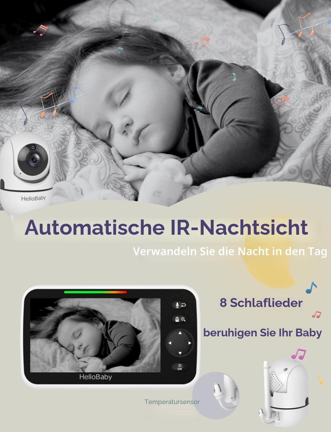 HelloBaby Babyphone mit Kamera, Kein WLAN, 5" IPS, HB6550, 3500 mAh | 355° Schwenken-120° Neige-Zoomen, Babyfone ohne WLAN, 2 Wege Audio, Temperatur, 8 Schlaflieder, Nachtsicht, Kabel-Kamera