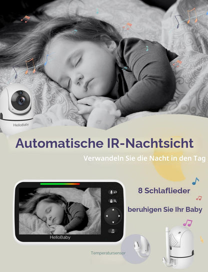 HelloBaby Babyphone mit Kamera, Kein WLAN, 5" IPS, HB6550, 3500 mAh | 355° Schwenken-120° Neige-Zoomen, Babyfone ohne WLAN, 2 Wege Audio, Temperatur, 8 Schlaflieder, Nachtsicht, Kabel-Kamera