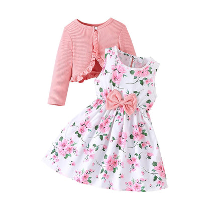 Yanmucy Kleine Mädchen Kleider mit Strickjacke Sets Baby Mädchen Kleider Kleinkind Kinder Langarm Ruffle Mantel Mädchen Kleidung für 2-8 Jahre
