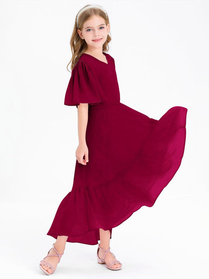 Haloumoning Mädchen Sommerkleid V-Ausschnitt Rüschenkleider Casual A Line Kleid Flowy Hoch Niedrig Lang Partykleid Elegant Langes Abendkleid