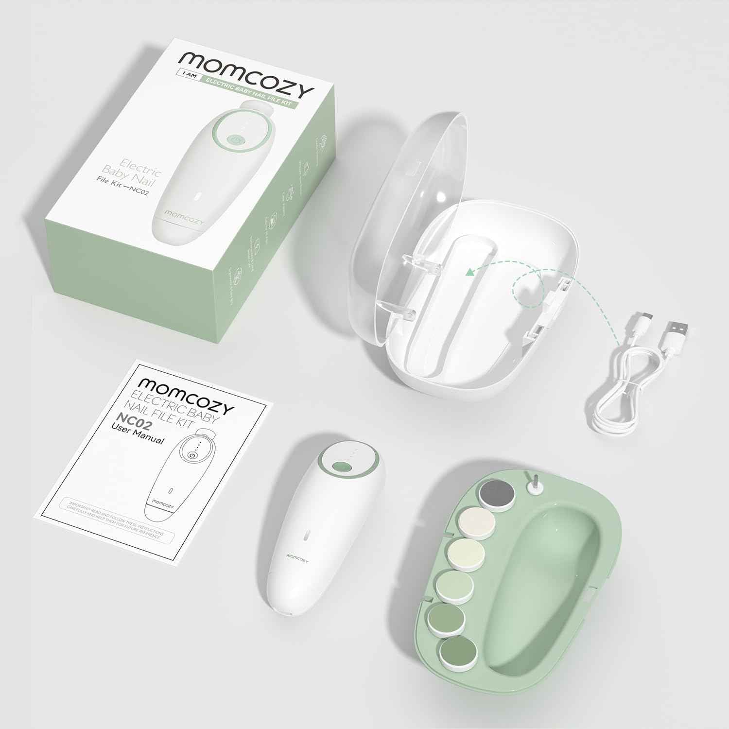 Baby Nagelfeile Elektrisch, Sanfter Baby Nageltrimmer Elektrisch Wiederaufladbar, Baby Nagelknipser Elektrisch, 7 Schleifkopf Ersatzpads