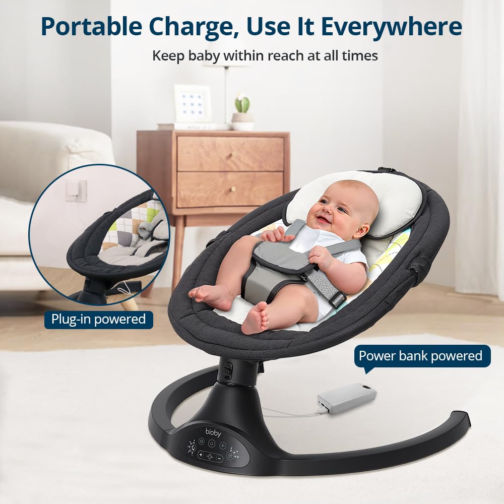 Bioby Elektrische Babywippe | Babyschaukel mit 5-Punkt-Gurt & 5 Schaukelmodi, Leicht & Sicher Wippe Baby Elektronisch mit Bluetooth-Musik & Fernbedienung, für 0-12 Monate (2-9 kg), Grau