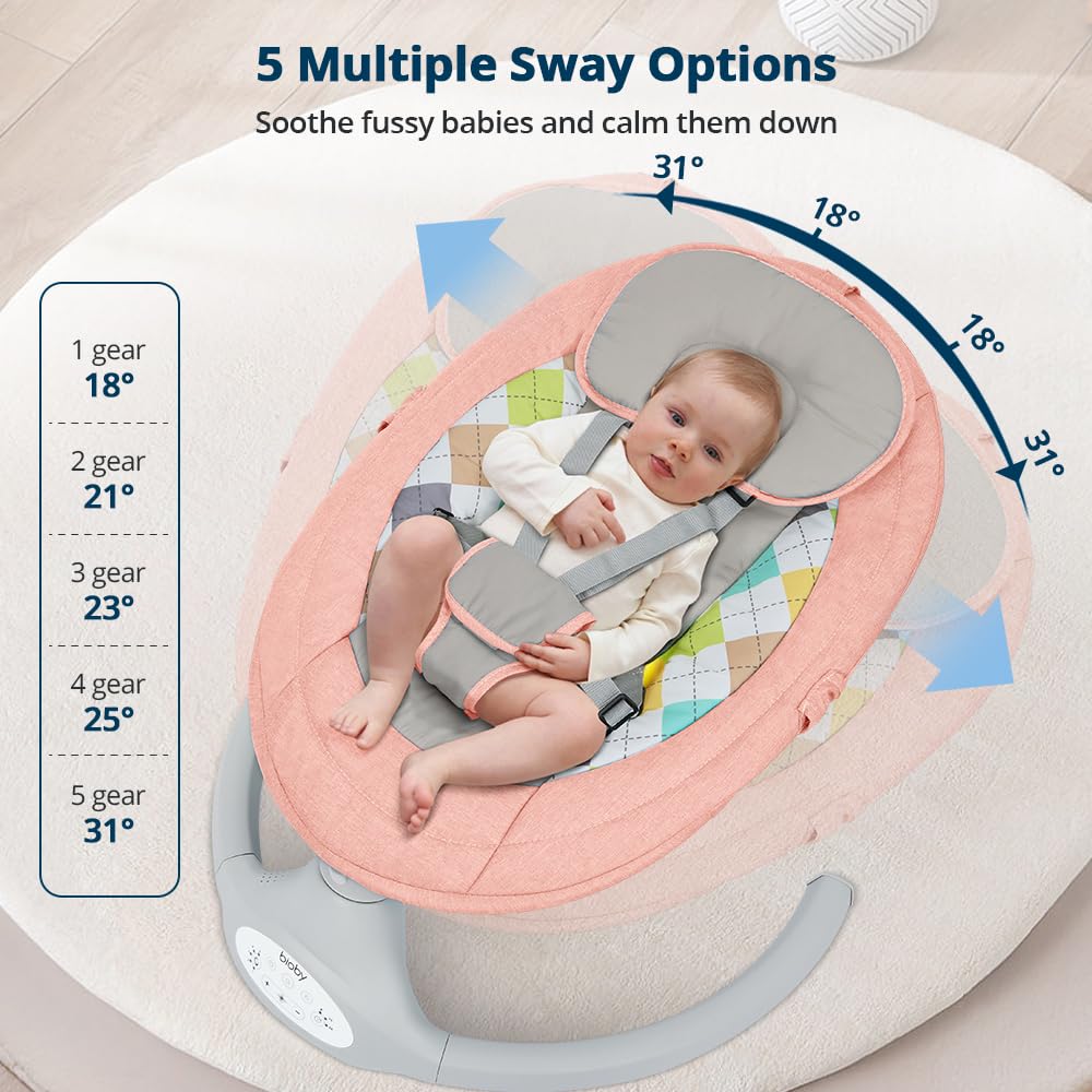 Bioby Elektrische Babywippe | Babyschaukel mit 5-Punkt-Gurt & 5 Schaukelmodi, Leicht & Sicher Wippe Baby Elektronisch mit Bluetooth-Musik & Fernbedienung, für 0-12 Monate (2-9 kg), Grau