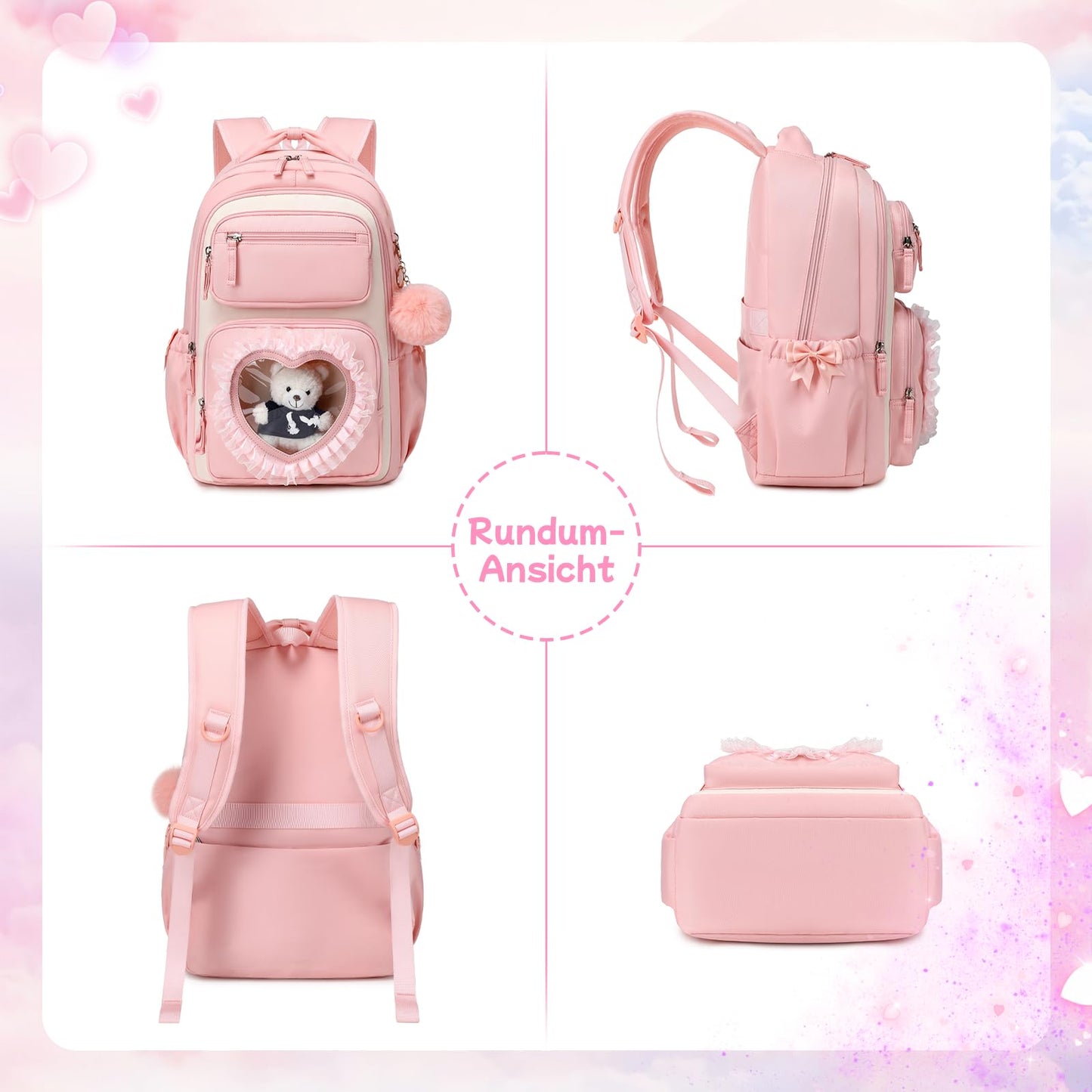 Schulrucksack Mädchen Herzdesign 22L mit Gepäckgurt für Schule | Spitze & Schleifendetails, Ergonomische 3D-Rückenpolsterung, wasserabweisendes Polyester, zahlreiche getrennte Fächer