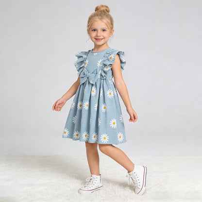 Kleinkinder Mädchen Sommerkleid Rüschenärmel Rundhalsausschnitt Knopfleiste Kleid lässiges Herbst A-Linien Party Kinderkleider 2-6 Jahre