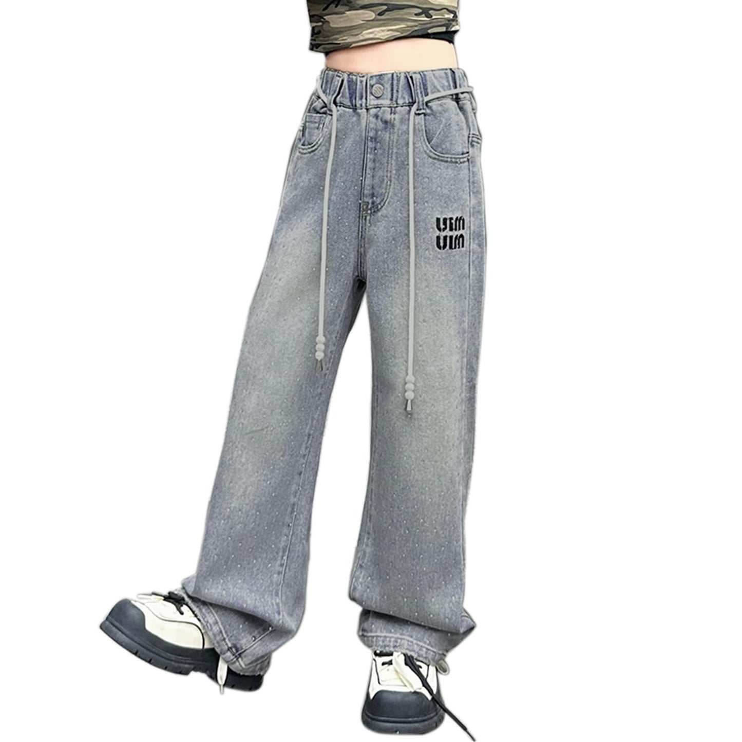 Rolanko Girls' Jeans Trousers with Hole, Denim Blue Jeans, Vintage Trousers With Wide Leg for Children