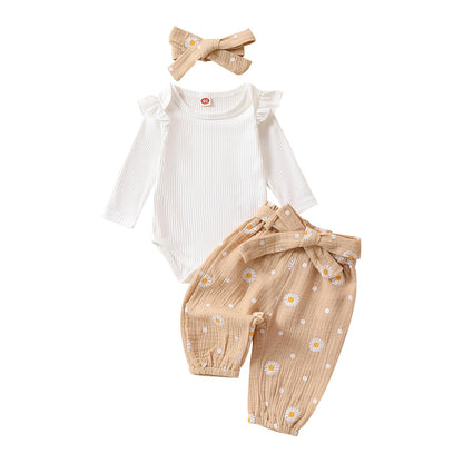 Geagodelia Baby Mädchen Kleidung Babykleidung Outfit Set Langarm Body Strampler + Gänseblümchen Hose + Stirnband Neugeborene Weiche Babyset