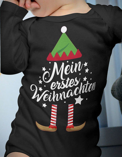 Mikalino Baby Bodysuit with Saying in German for Boys, Girls, Unisex, Long Sleeve, Mein erstes Weihnachten Saying (Christmas Elf), Hand Printed in Germany, Handmade with Love