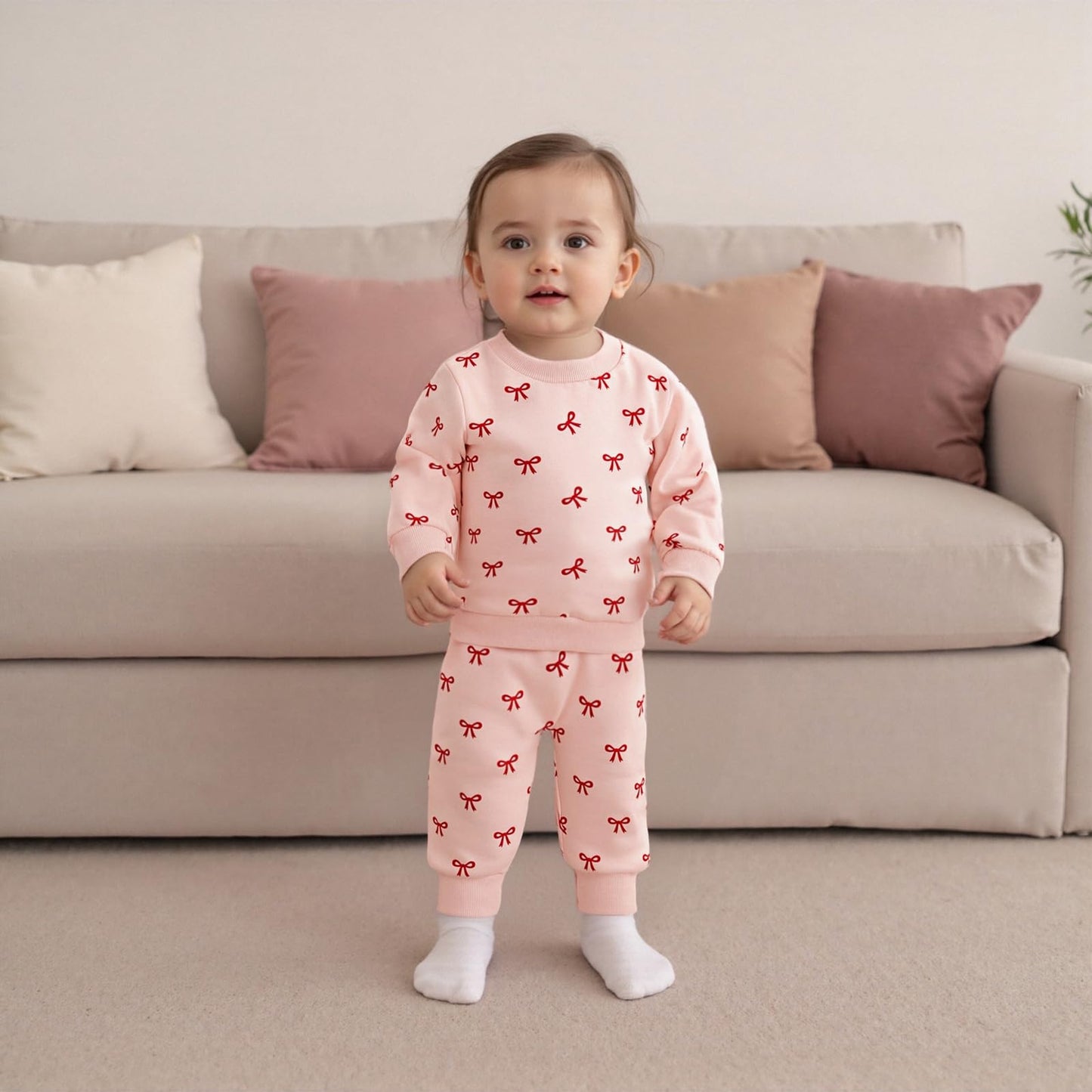 Beauace Baby Girl Clothing Set Bow Print Long Sleeve Sweatshirt + Trousers Newborn Outfit Toddler Two Piece Autumn Winter Baby Clothing