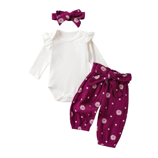 Geagodelia Baby Mädchen Kleidung Babykleidung Outfit Set Langarm Body Strampler + Gänseblümchen Hose + Stirnband Neugeborene Weiche Babyset