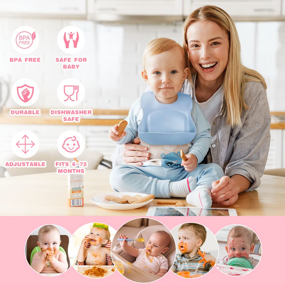 Vicloon Silikon Baby Lätzchen, 2 Stück Baby Lätzchen mit Auffangschale, BPA Frei, Einfache Reinigung, Wasserdicht Silikon-lätzchen für Jungen Mädchen, Kaninchen-Einhorn（Rosa）