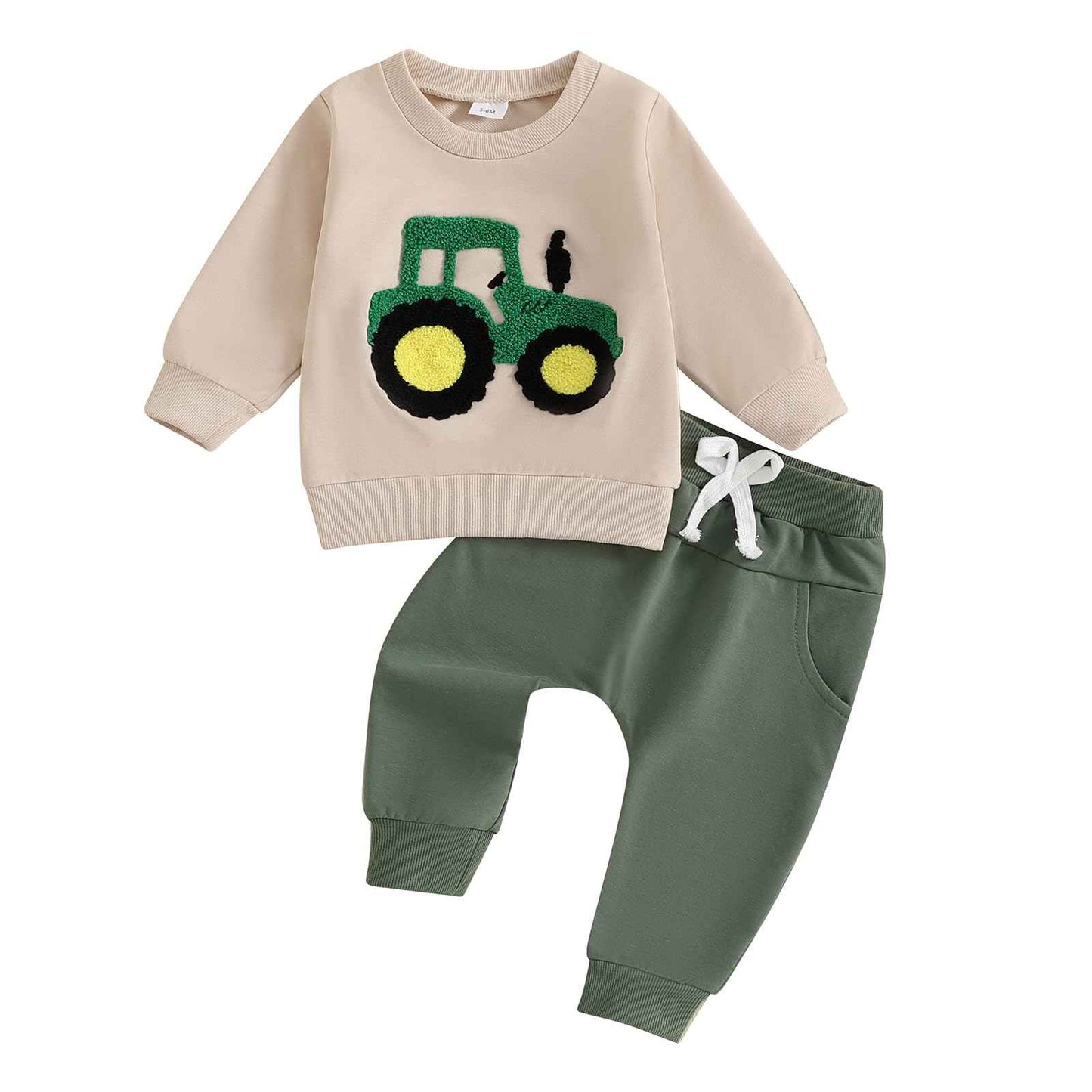 Xeadoffubio Baby Boys' Spring Outfit, Tractor/Car Print Tracksuits, Long Sleeve Car Print Sweatshirts + Elastic Drawstring Trousers, 2-Piece Sports Clothing Set, Soft Tractor Outfits