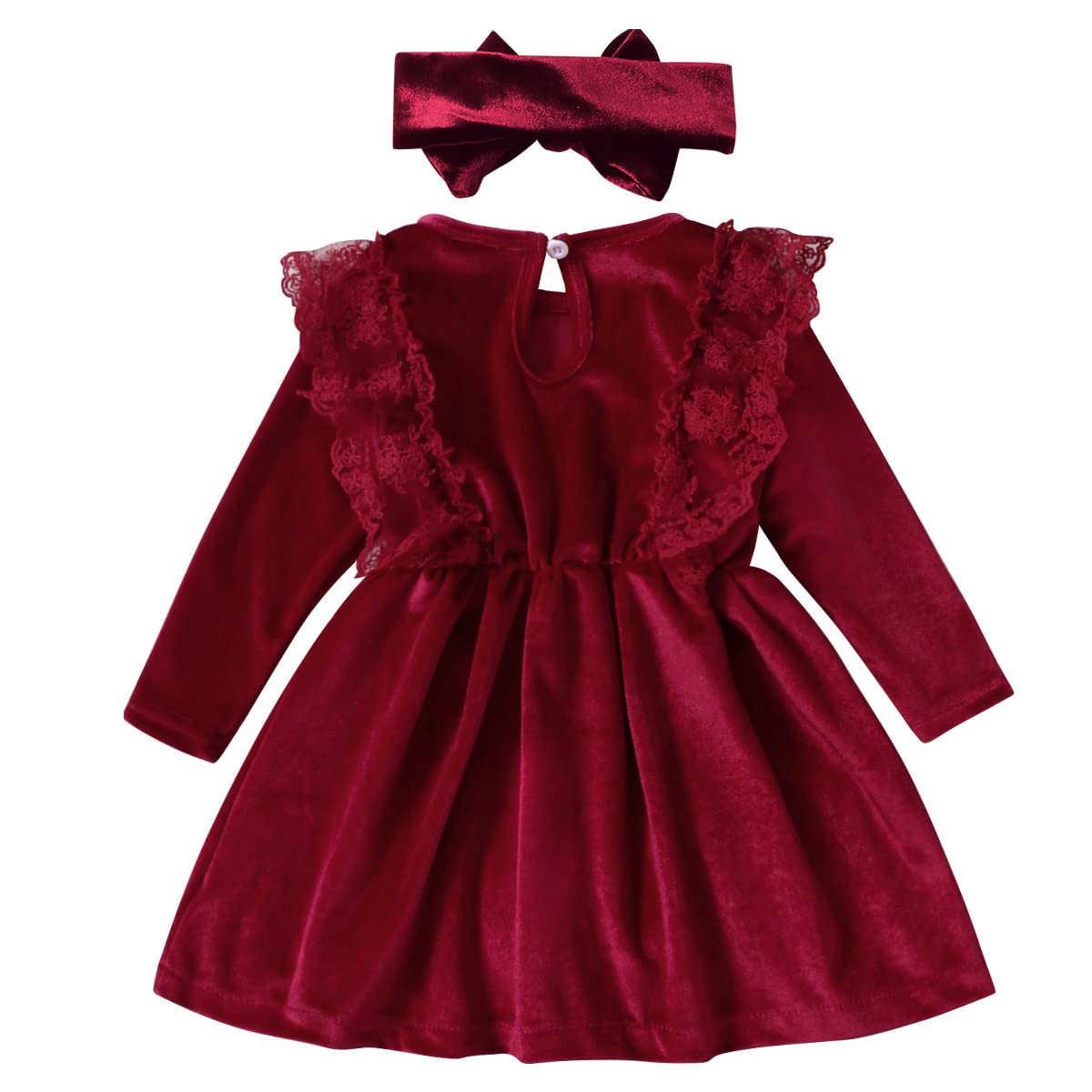Baby Dress Girls Long Sleeve Lace A Line Princess Velvet Dress + Headband Wedding Festive Autumn Winter Clothing