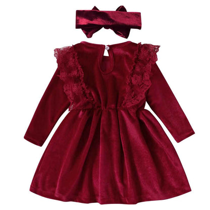Baby Dress Girls Long Sleeve Lace A Line Princess Velvet Dress + Headband Wedding Festive Autumn Winter Clothing