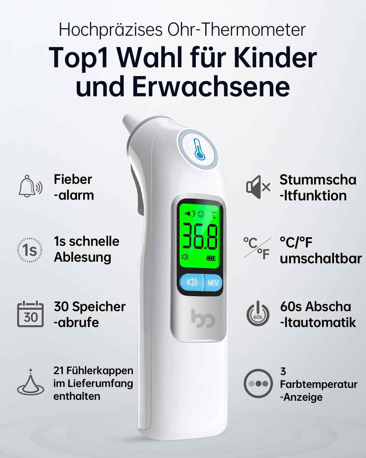 Fieberthermometer Ohr für Erwachsene & Kinder, 1s Ergebnis Hochpräzise Ohrthermometer, 30 Speicher Abrufen, 3-Farben-Fieber-Alarm, mit 21 Einweg-Sonde Abdeckungen & Aufbewahrungsbox (LCD-Transparente)